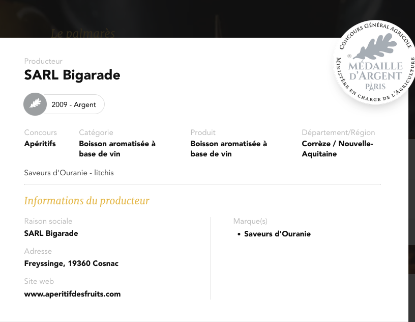 Médaille d'argent 2009 pour l'apéritif au litchi
